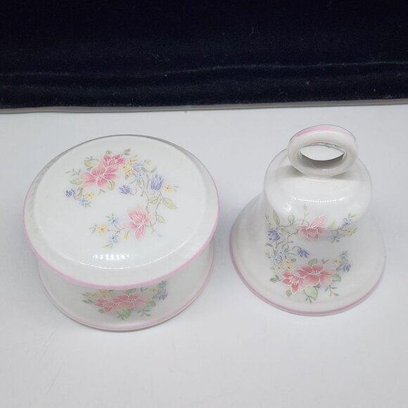 St. George Fine Bone China Bell and Trinket Box Pastel Floral Pink Purple VTG - Picture 2 of 8